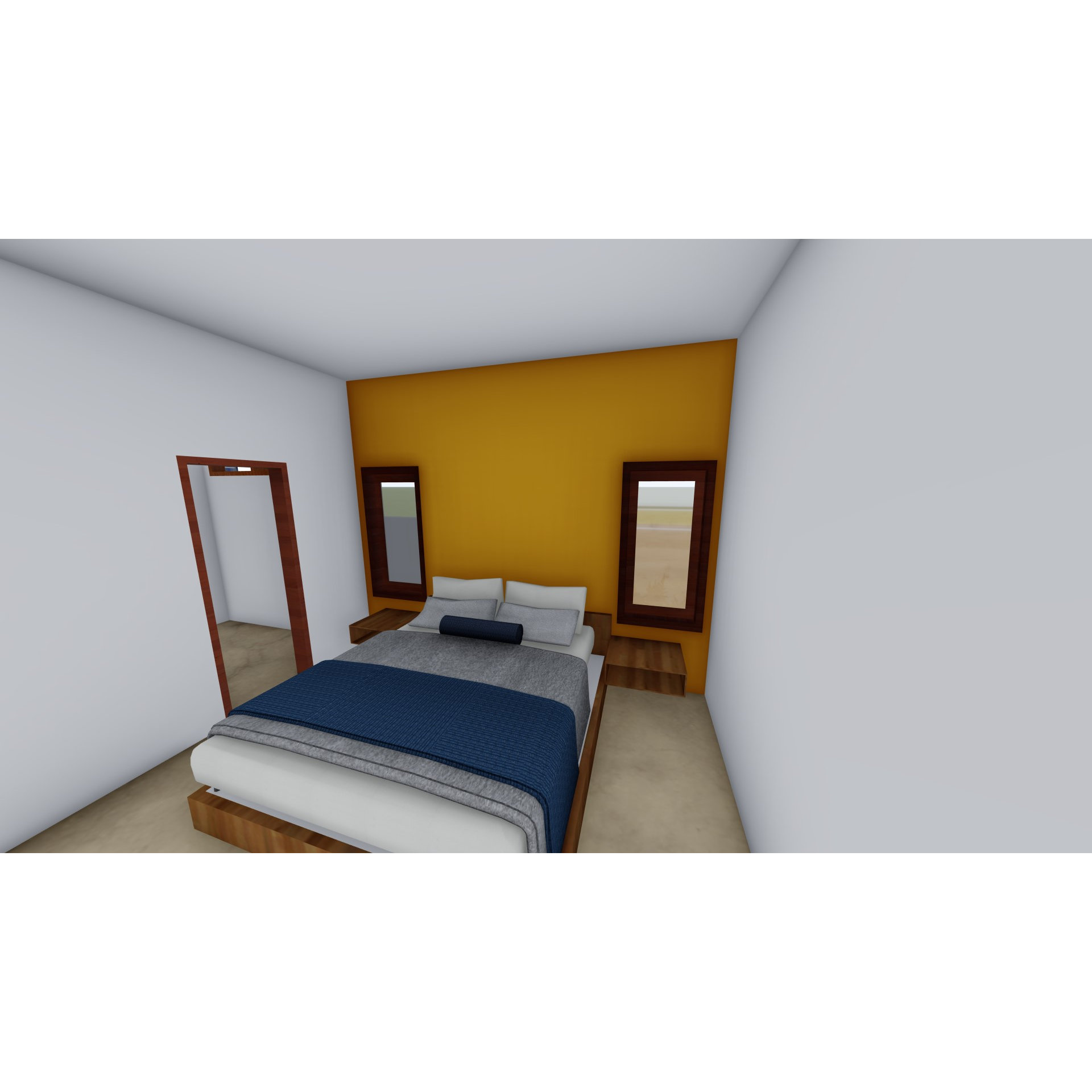Bedroom design render with mustard accent wall behind a low platform bed dressed in blue and grey, Hyderabad