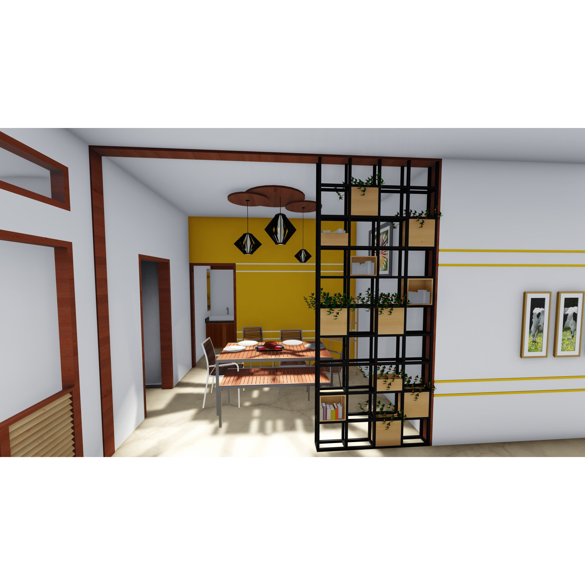 3D render of dining area with yellow accent wall, geometric wood-and-metal grid divider with trailing planters and faceted pendant lights, Hyderabad