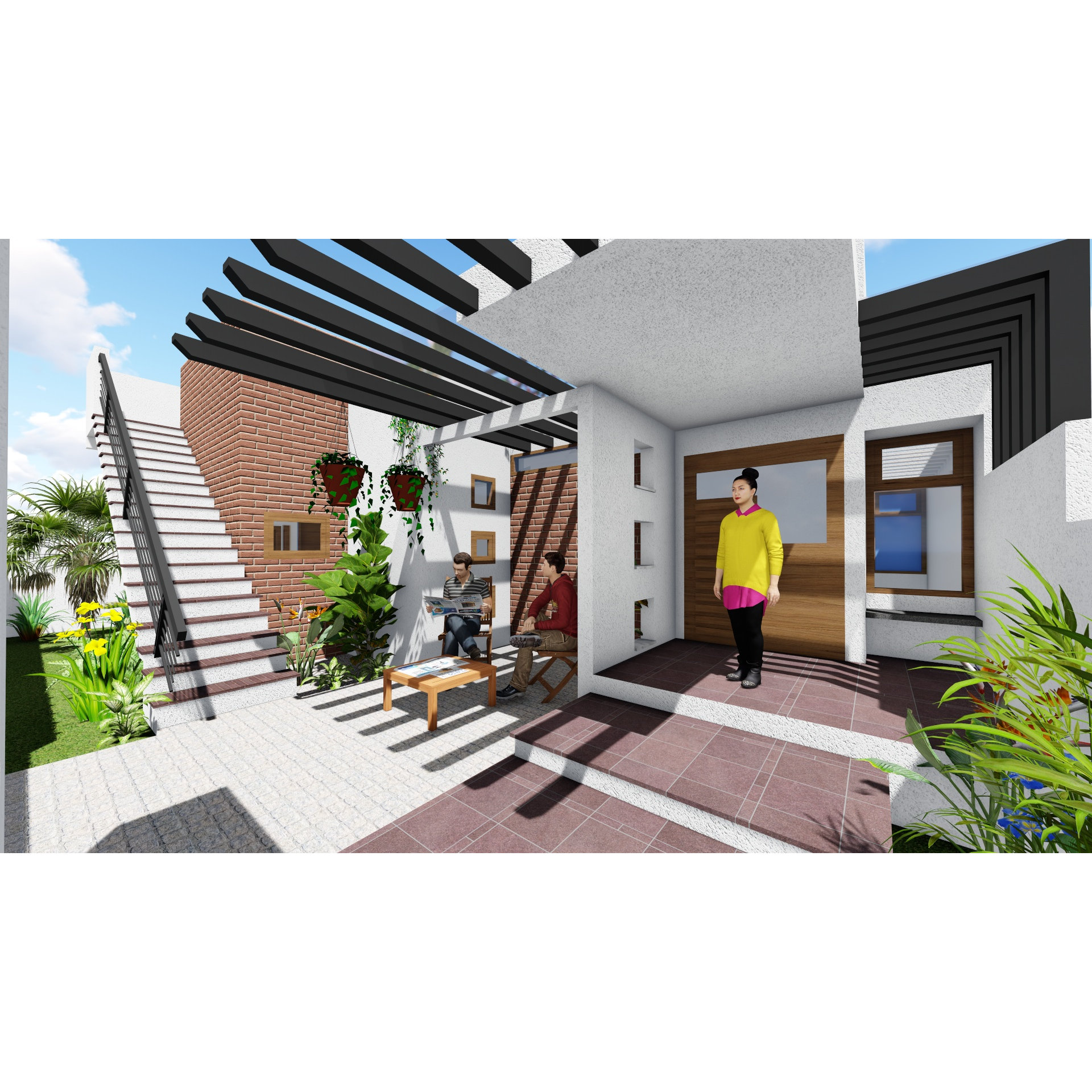 Courtyard render with pergola, brick feature wall, wood-panel entry door and potted plants, Hyderabad home