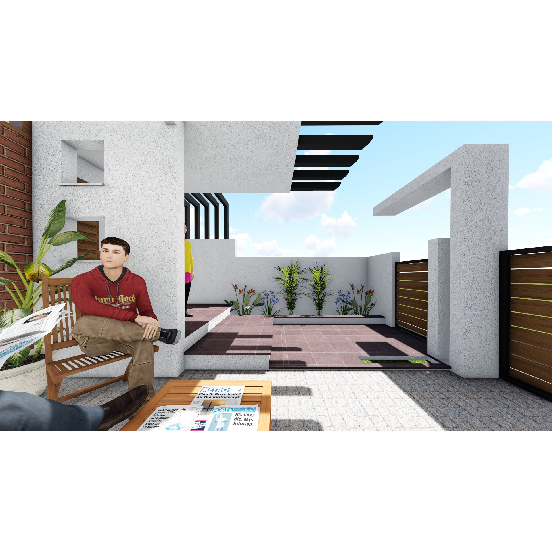 Outdoor terrace render with slatted pergola, paved patio in pink and grey, raised planters with flowering shrubs and timber boundary fence, Hyderabad