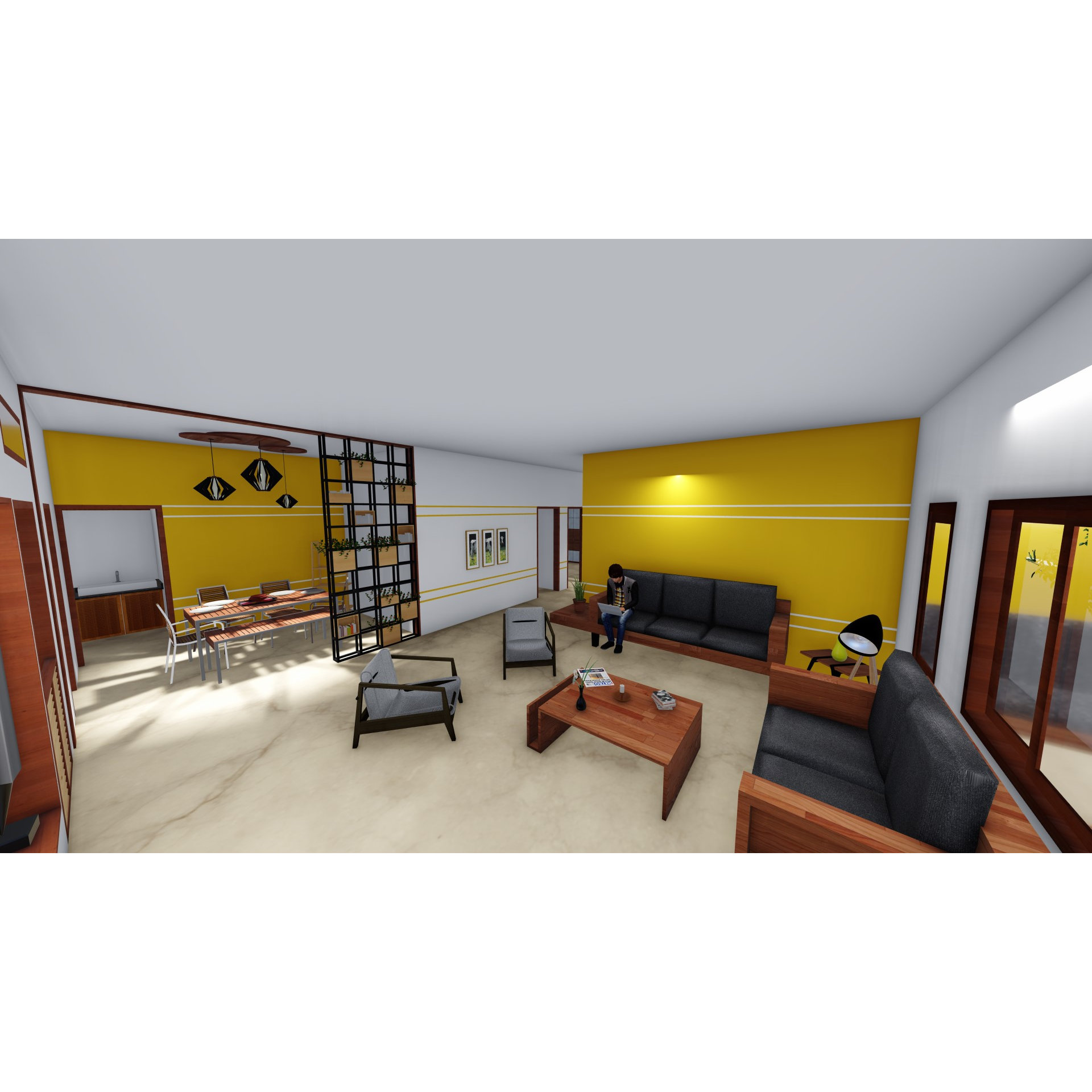 Open-plan living and dining render with yellow accent walls, grey sofas, wooden coffee table and slat partition
