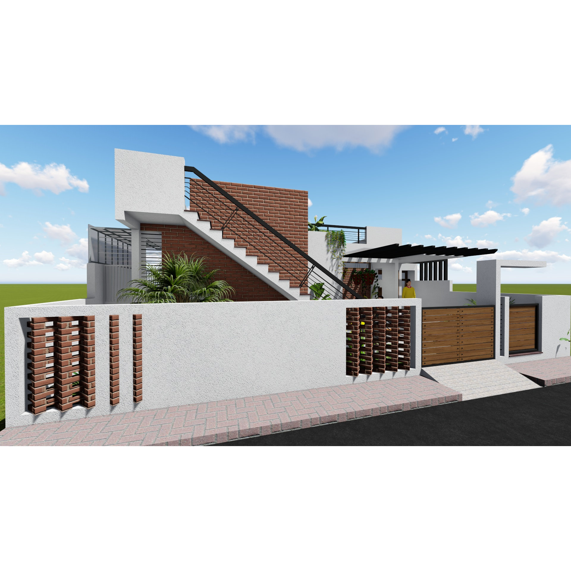Side angle of a single-storey home with brick-clad stair block, rooftop pergola and white compound wall, Hyderabad