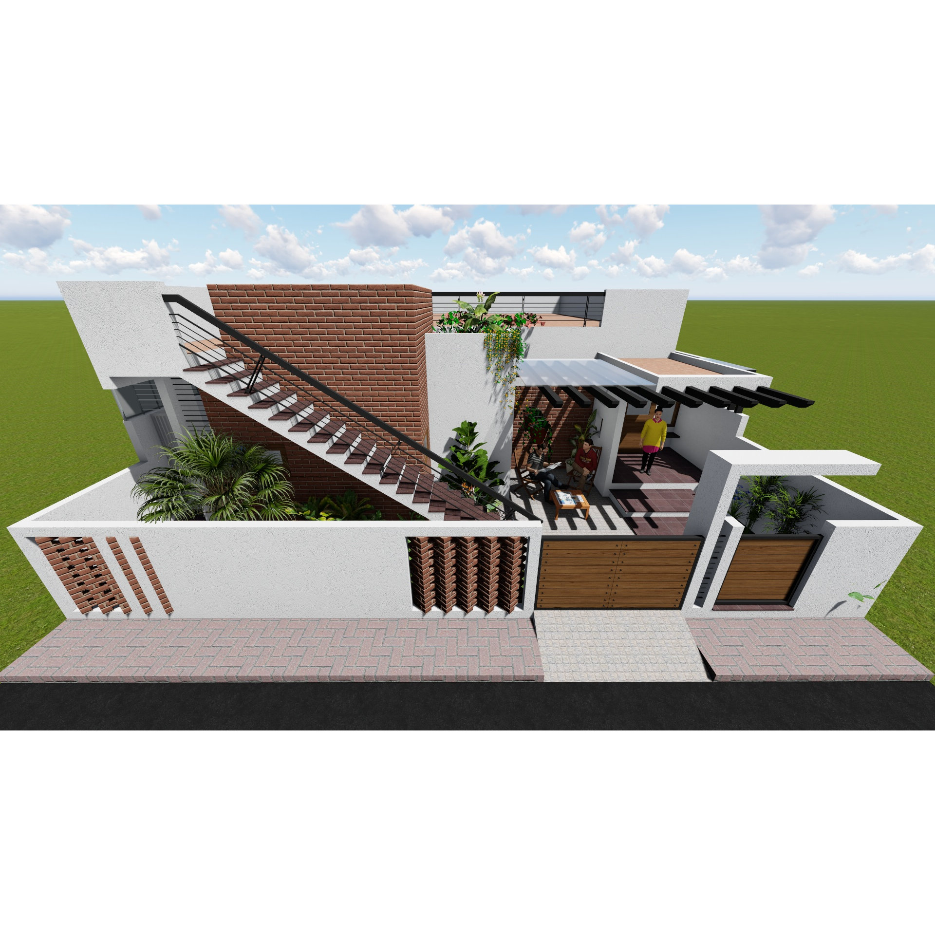 Aerial render of a single-storey home with external stair, pergola courtyard, brick feature wall and slatted gates, Hyderabad