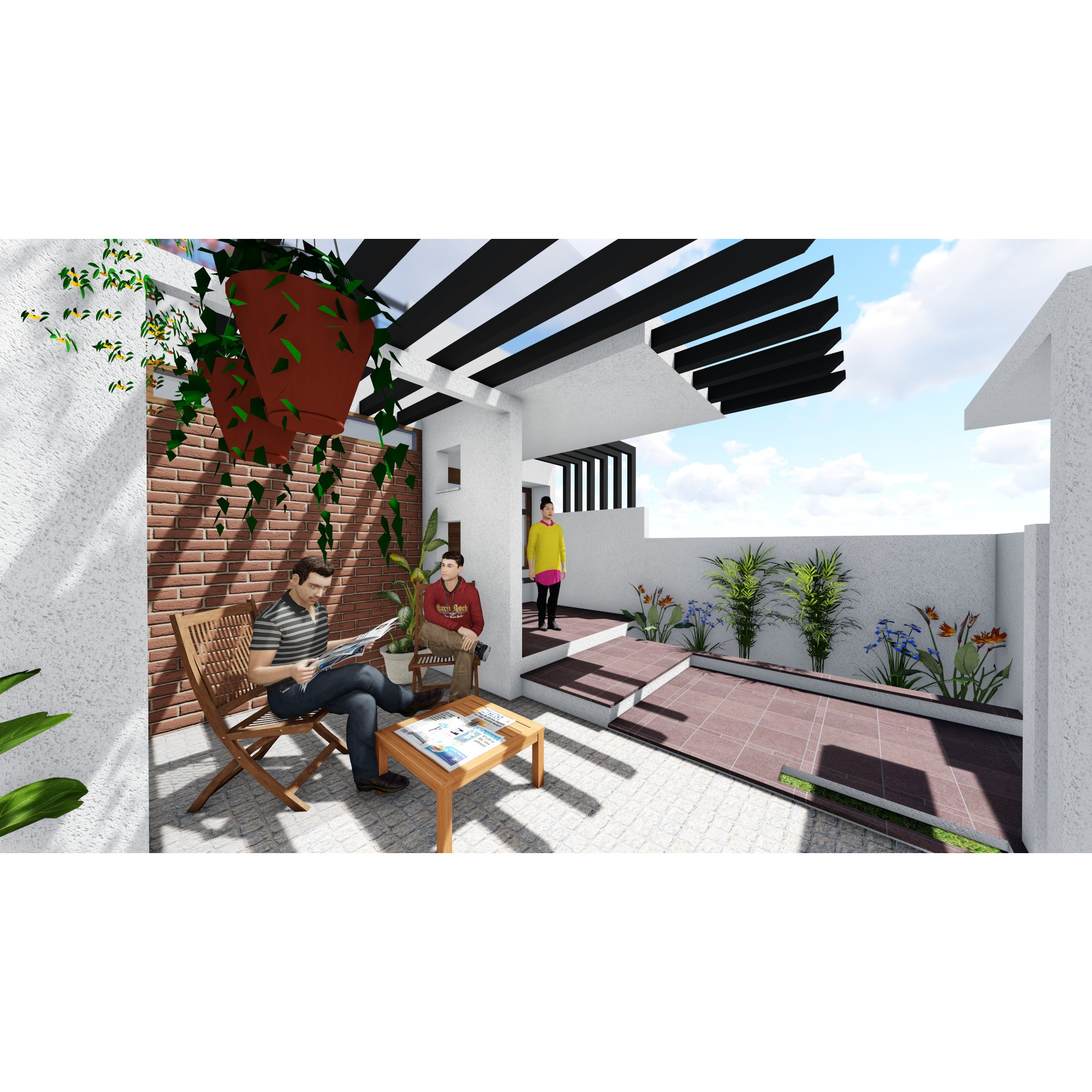 Rooftop terrace lounge render with pergola shade, hanging terracotta planter, wood seating and flowering beds along a paved courtyard, Hyderabad