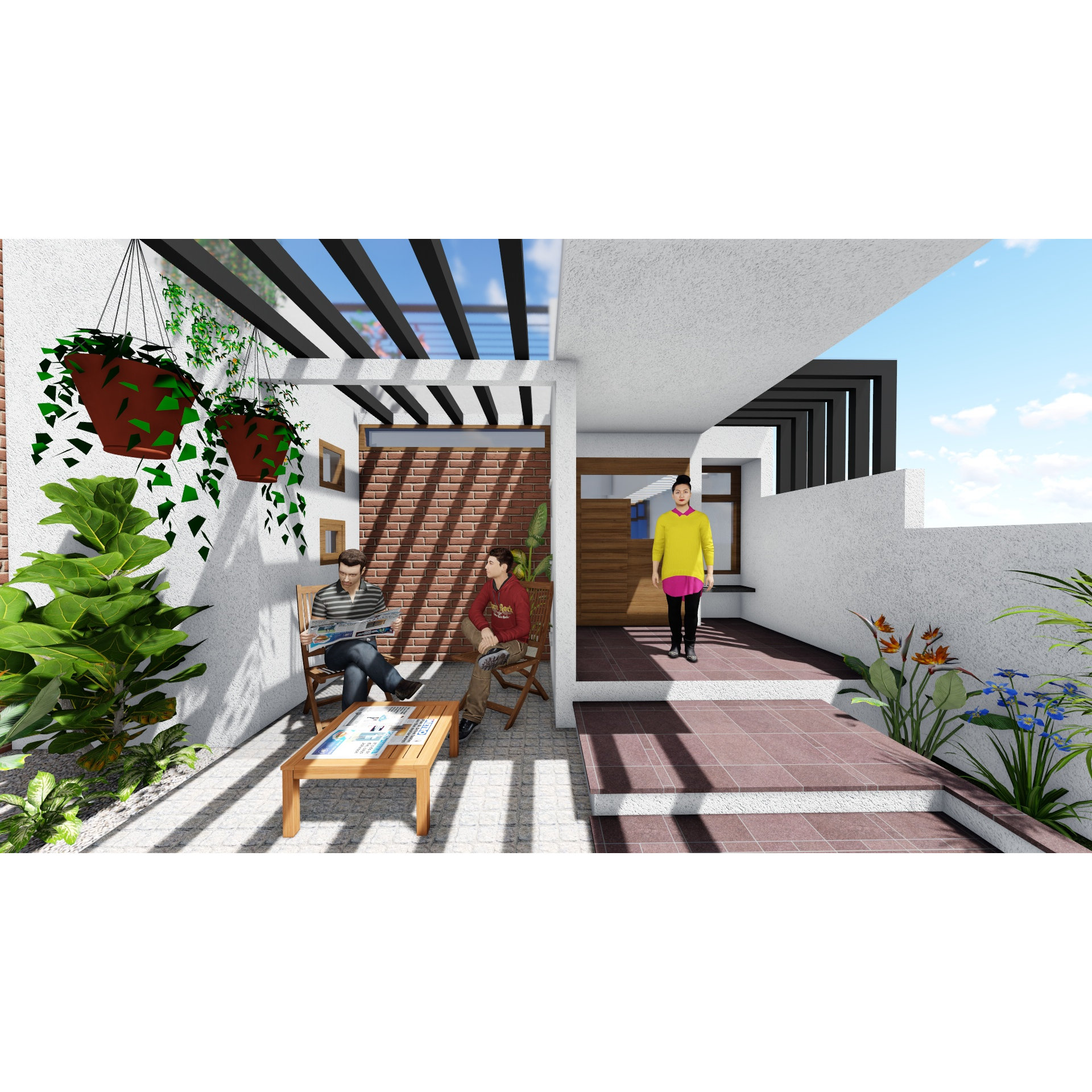 Pergola seating nook with hanging plants, brick screen and wooden coffee table in a Hyderabad courtyard