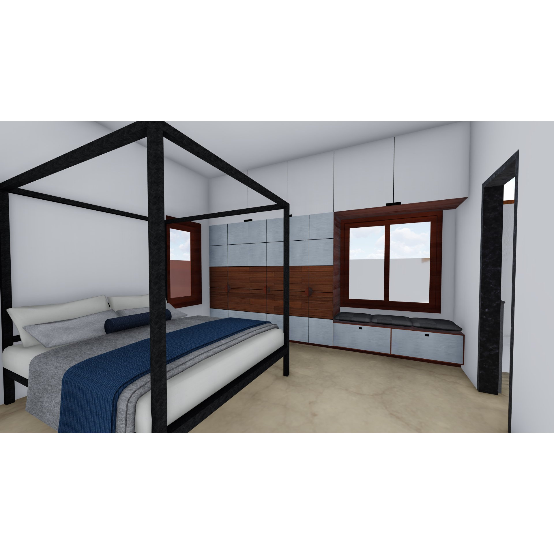 Bedroom render with black metal four-poster bed, navy-and-grey bedding, panelled wardrobe wall and cushioned window bench, Hyderabad