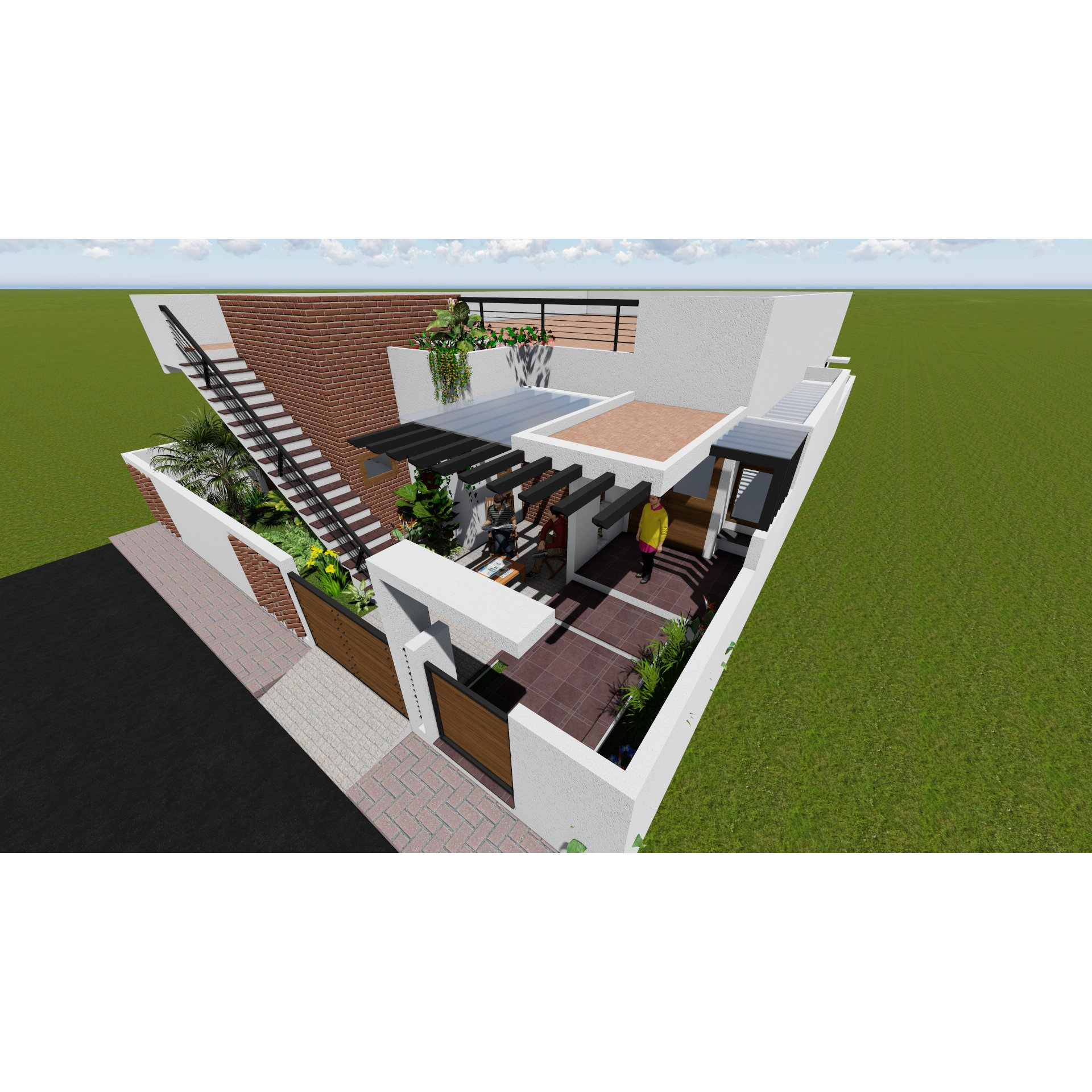Aerial 3D render of a Hyderabad residence terrace with steel pergola, courtyard seating and brick accent walls