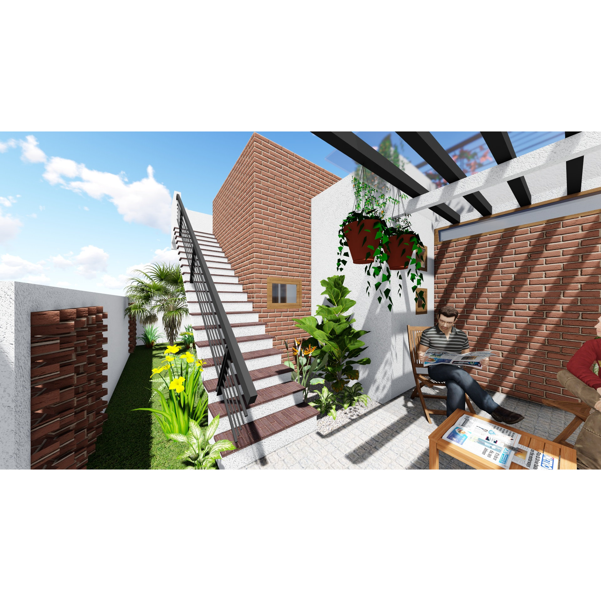 Narrow courtyard render with brick staircase, brick walls, hanging planters and a reading nook, Hyderabad