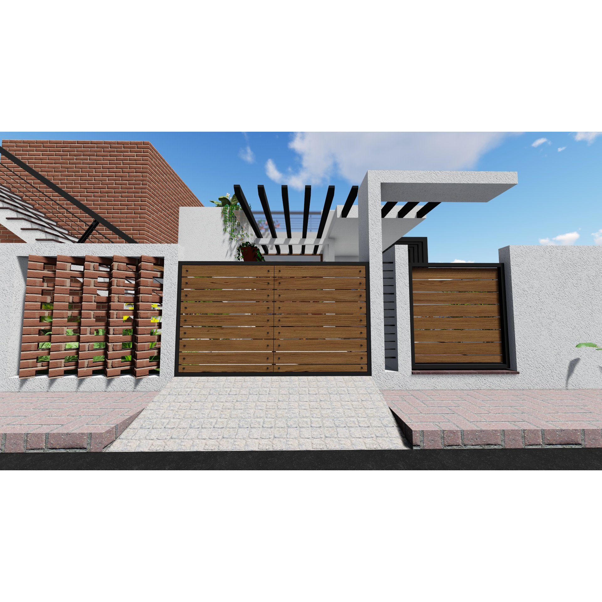 Wooden slatted compound gates with brick screen wall, pergola and paved driveway, Hyderabad home exterior