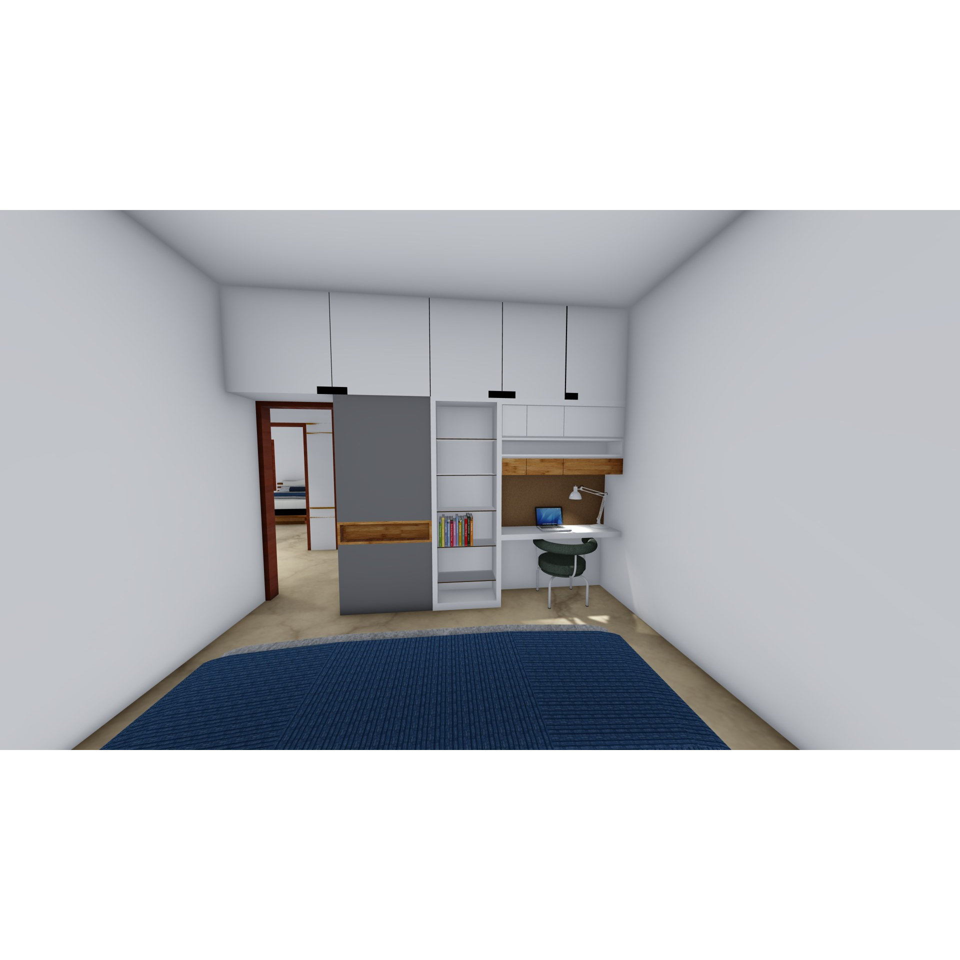 Study room render with built-in desk and task chair, open shelving, overhead white cabinets and a deep-blue textured rug, Hyderabad