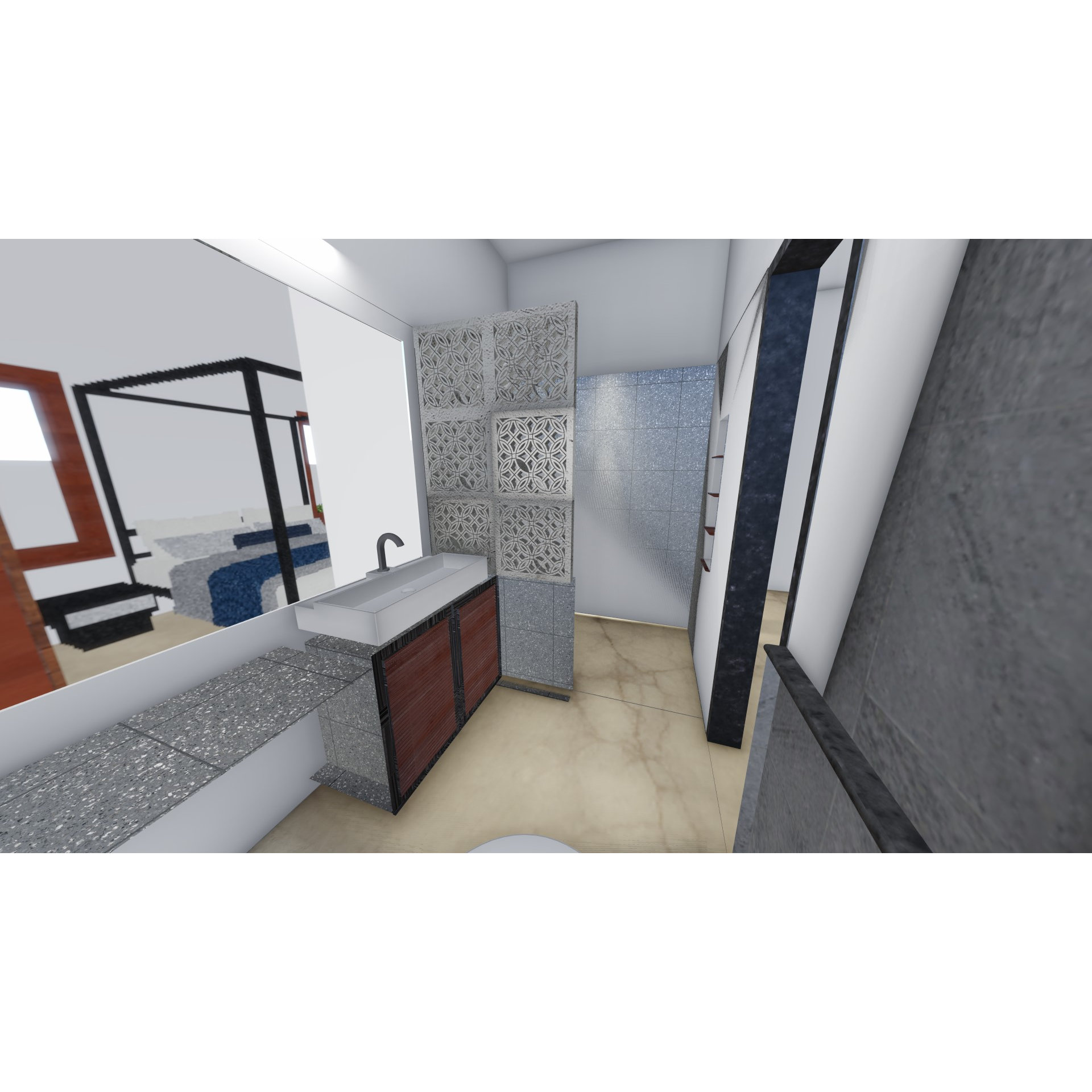 Bathroom render with wood vanity, perforated jaali screen partition, large mirror, grey stone walls and marble flooring, Hyderabad home