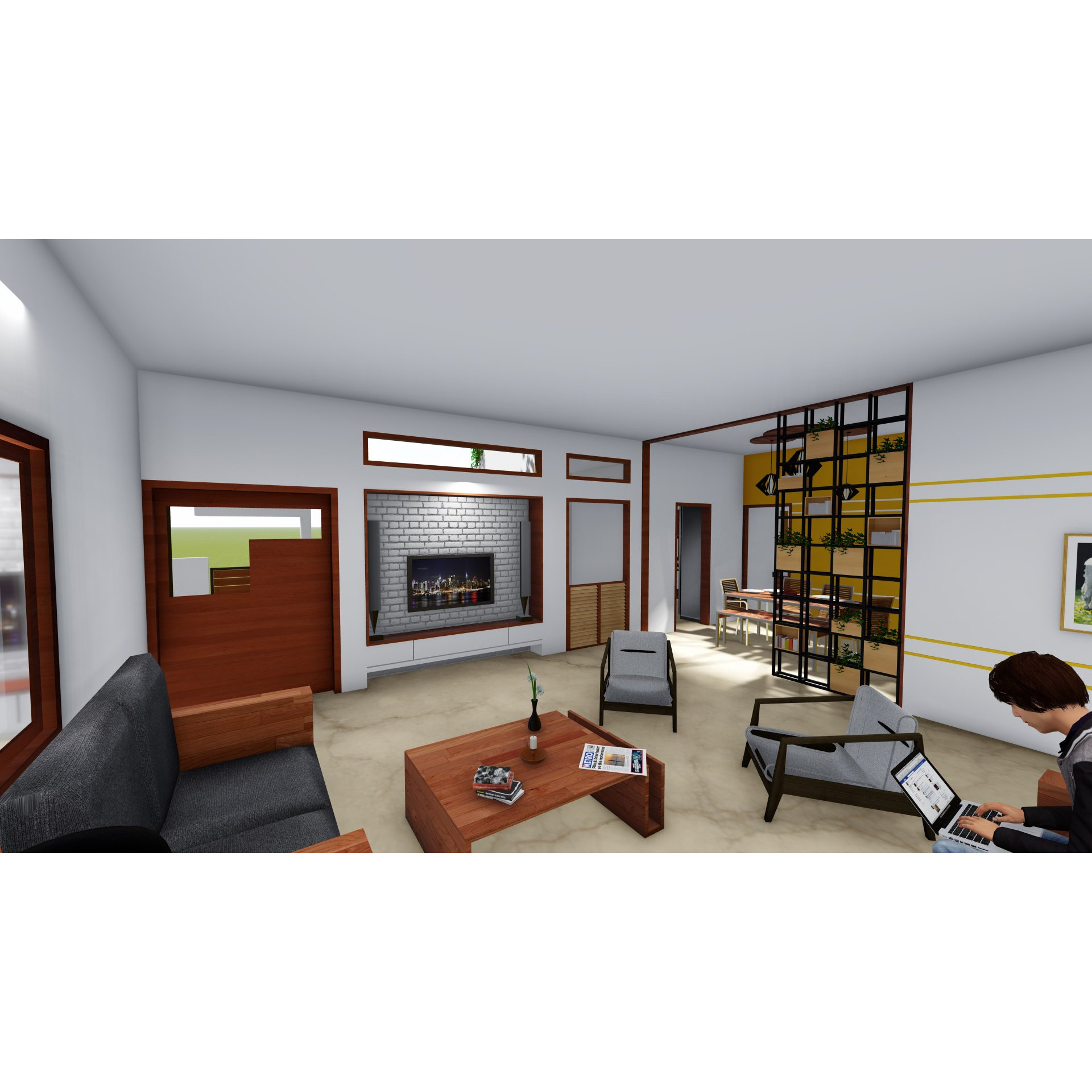 Living room render with faux-brick TV wall, electric fireplace, charcoal sofa, low wood coffee table and planted grid divider, Hyderabad