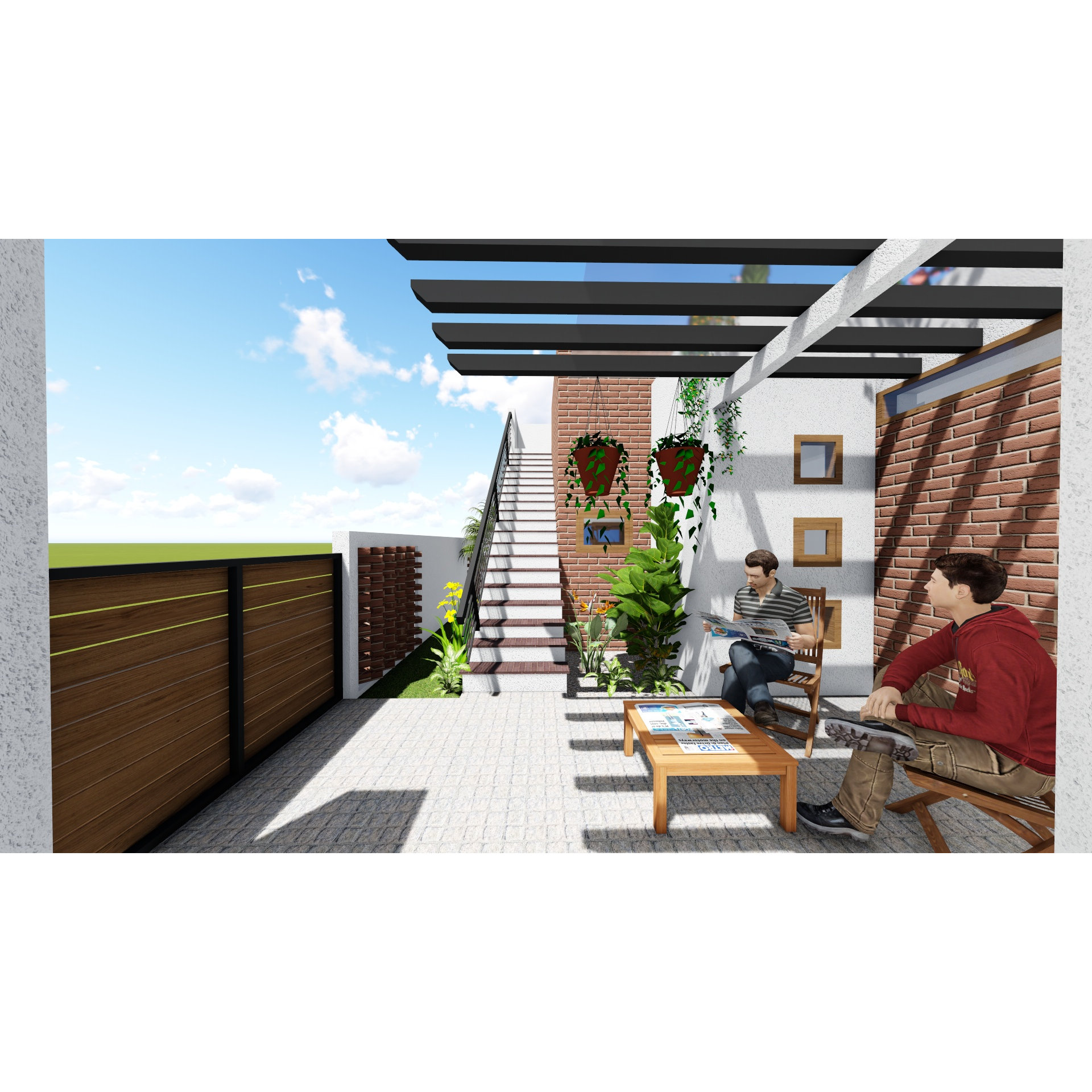 Open terrace render with steel pergola, exposed brick walls, framed art and lounge chairs, Hyderabad home