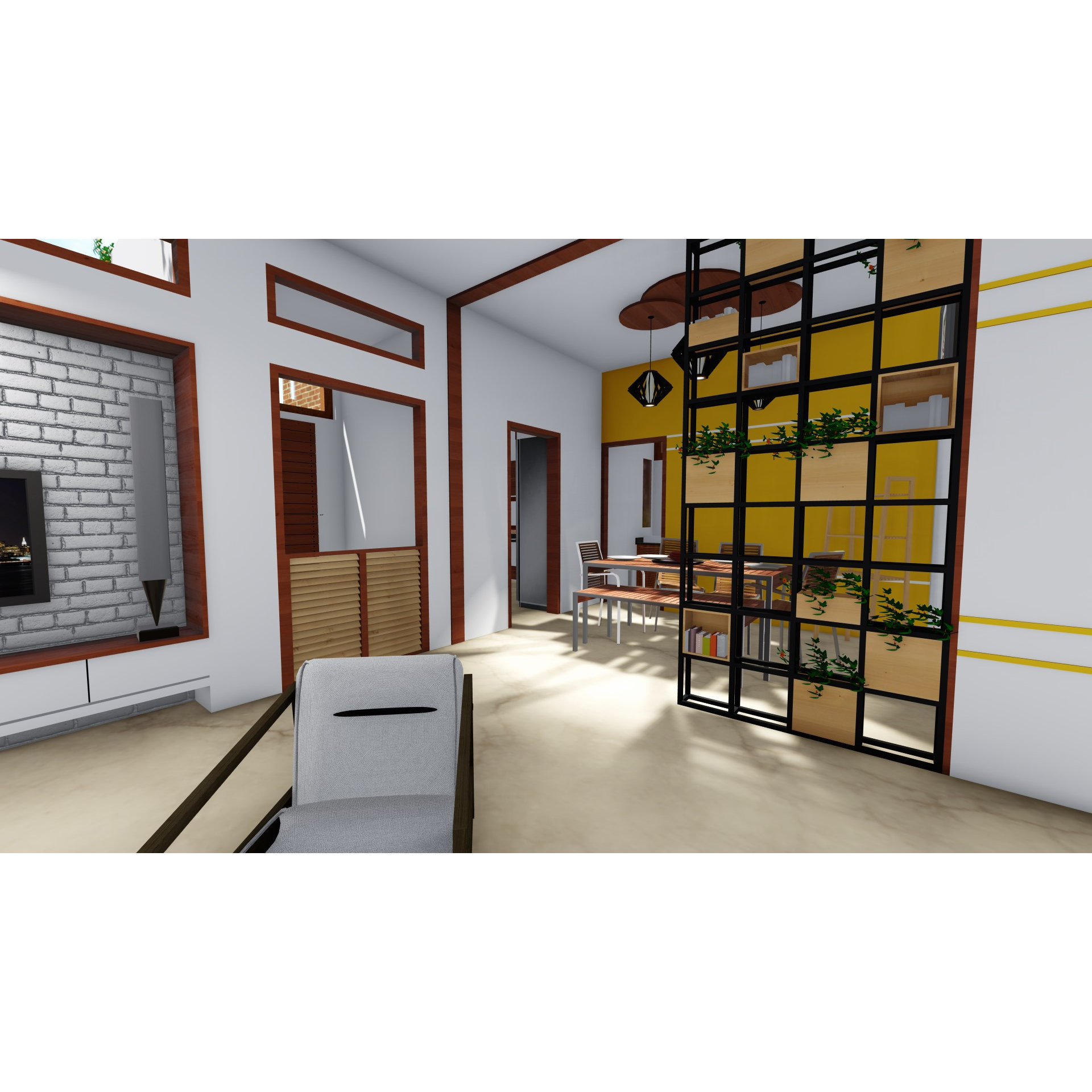 Open living-dining render with faux-brick media wall, mustard accent wall and floor-to-ceiling planted grid screen on polished floors, Hyderabad