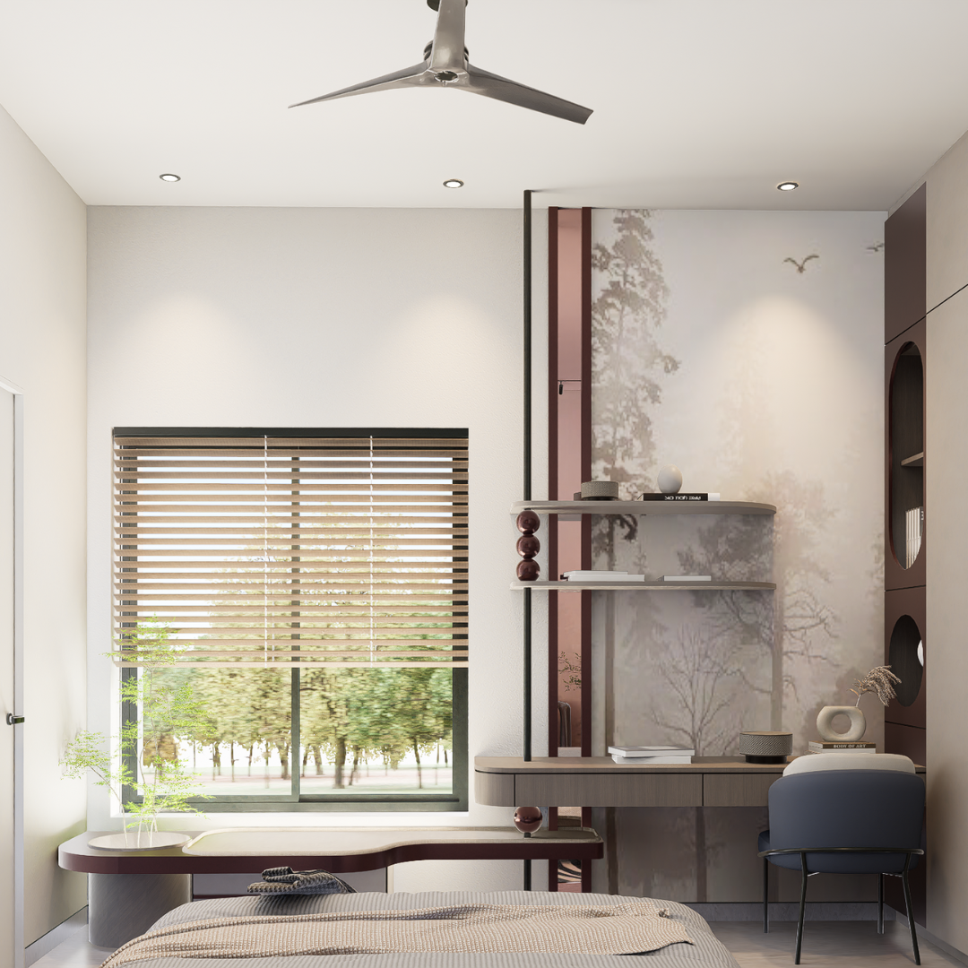 Bedroom corner with curved study desk, wooden window blinds, floating shelves and a forest mural backdrop in Hyderabad