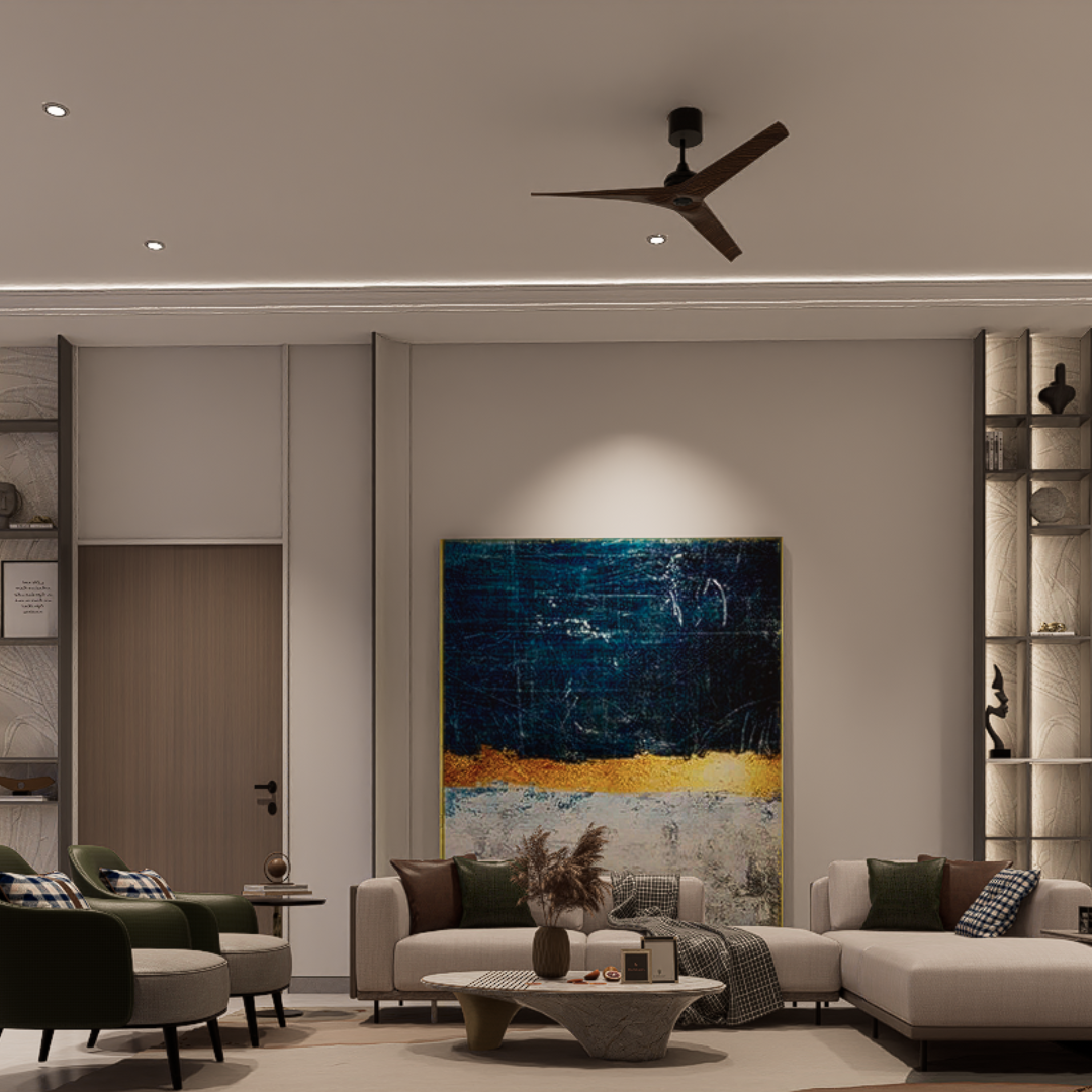 Living room anchored by an oversized blue and gold abstract painting, grey sofas and open display shelving, Hyderabad