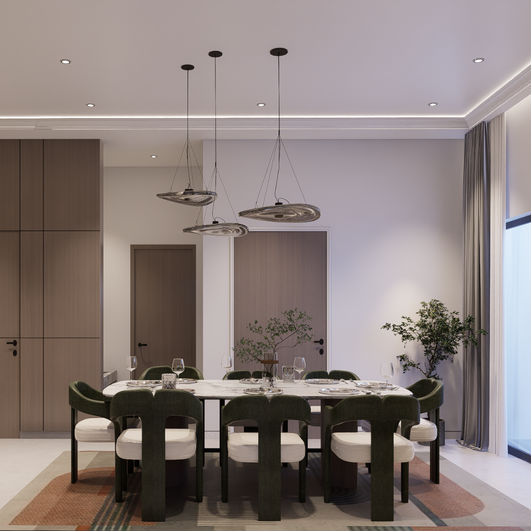 Dining room with oval table, sculptural green chairs, cluster of glass pendants and wood wardrobe wall, Hyderabad