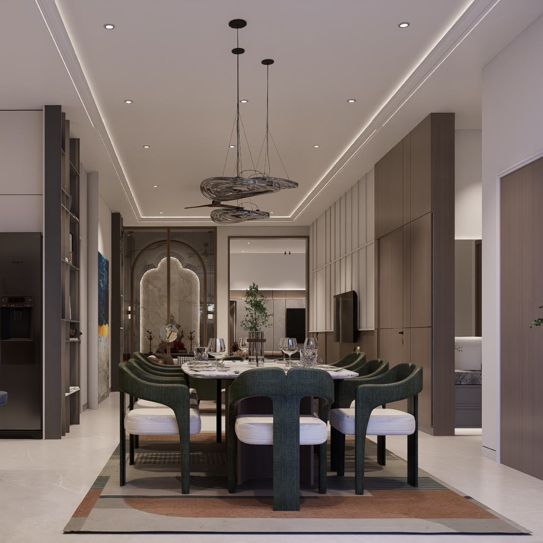 Dining area with arched mirror niche, green velvet chairs, marble disc pendants and warm wood storage, Hyderabad