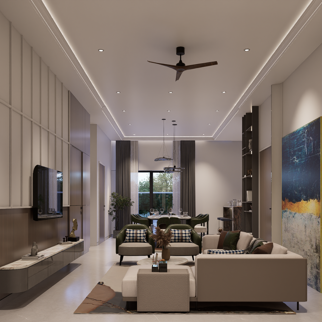 Open-plan living and dining room with cove lighting, plaid armchairs and a large blue-gold abstract canvas, Hyderabad