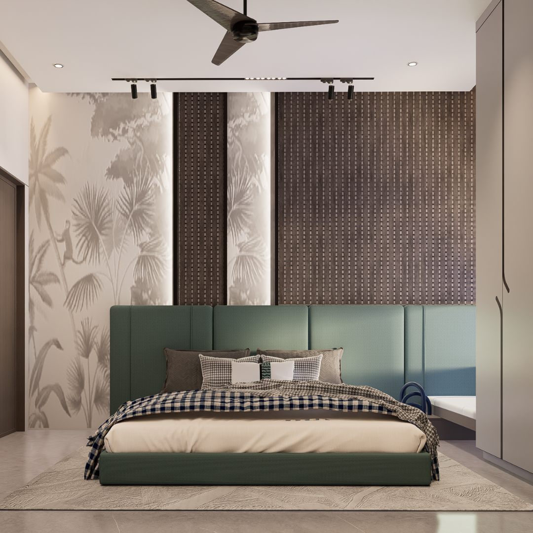 Bedroom with tropical leaf mural, green upholstered platform bed and gingham bedding under track lighting, Hyderabad