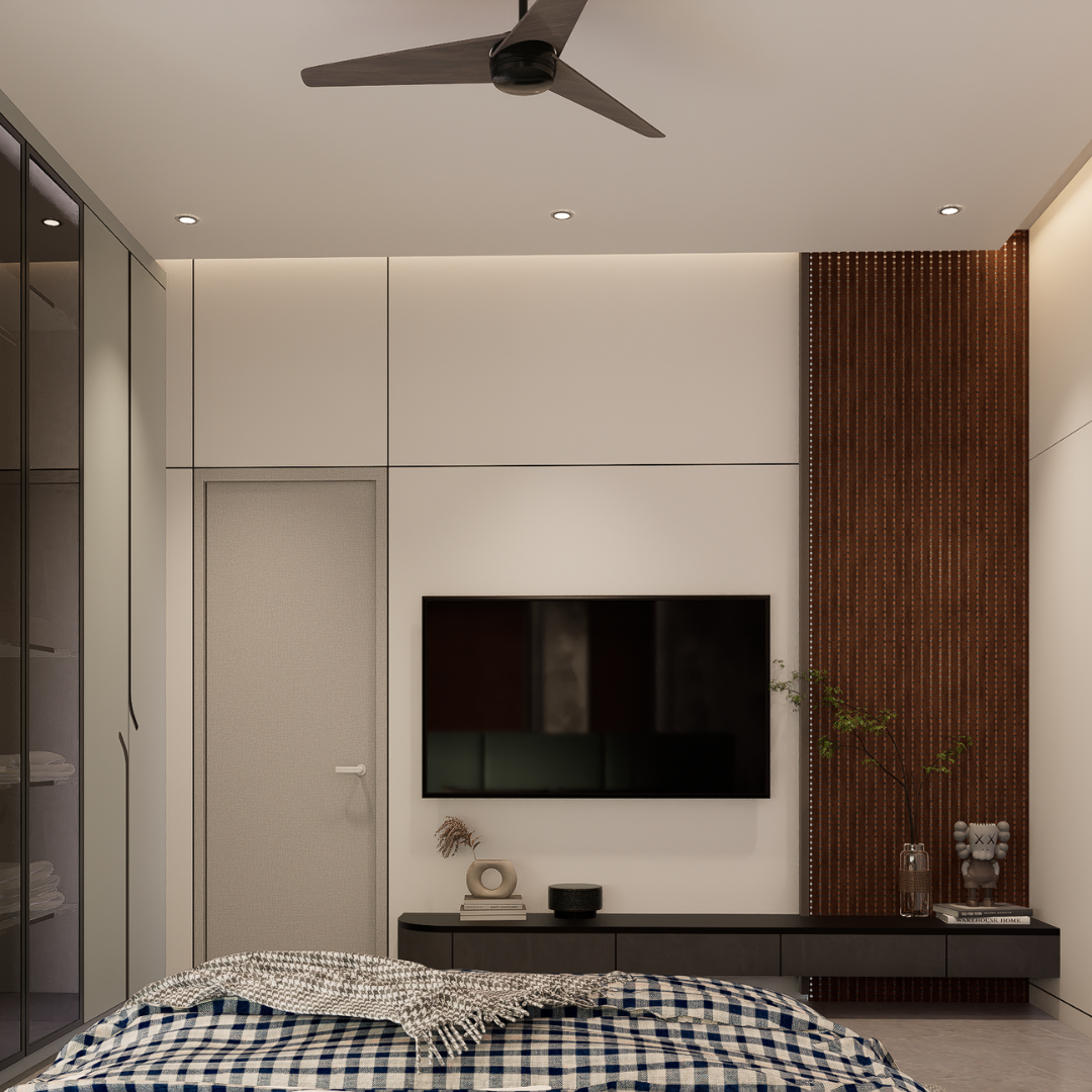 Bedroom with fluted wood feature panel, wall-mounted TV on a slim console and navy checked bedding, Hyderabad